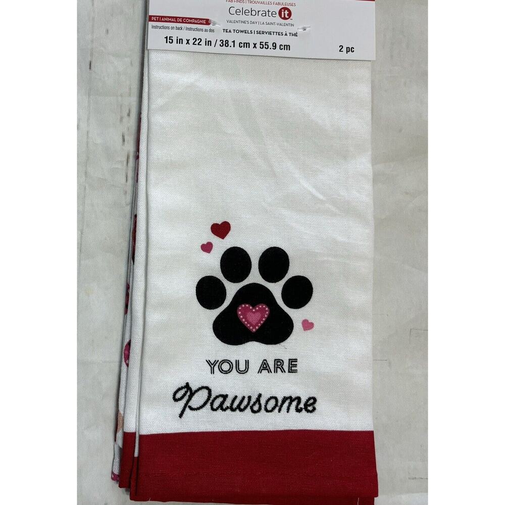 Valentines Dog Paw Hearts "You Are Pawsome" Kitchen Towel Set with Love Heart‎